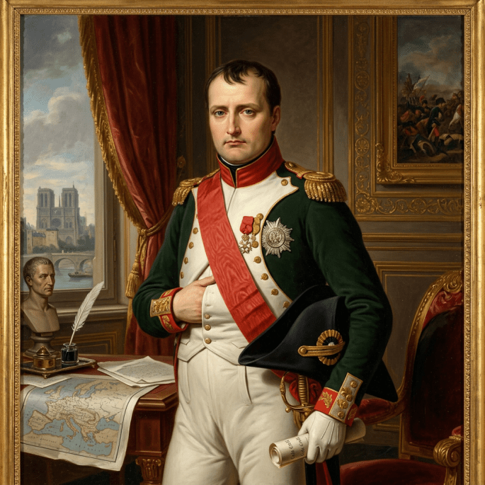 Napoleon Bonaparte in military uniform standing beside a desk with a map, holding a black bicorne hat and a scroll